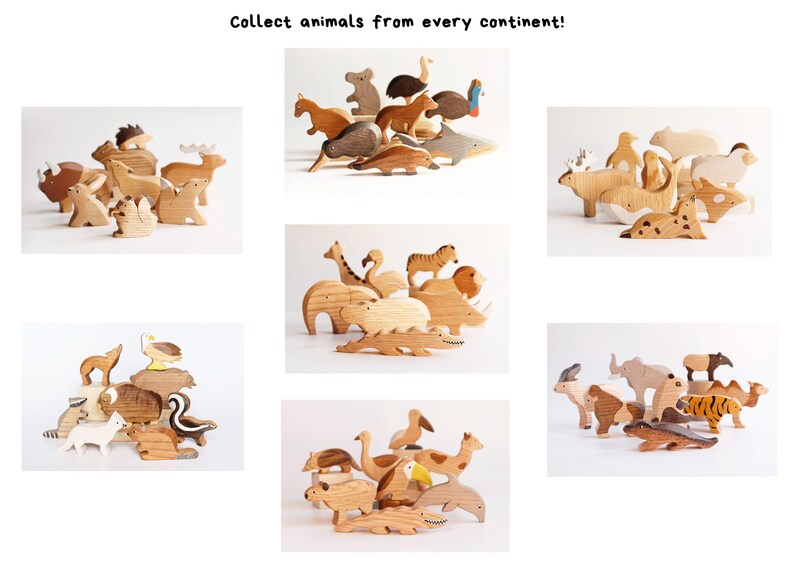 Puede incluir: Una colecci&oacute;n de figuras de animales de madera dispuestas en siete grupos distintos, cada uno representando diferentes especies de varios continentes. El texto "Collect animals from every continent!" est&aacute; impreso en la parte superior.