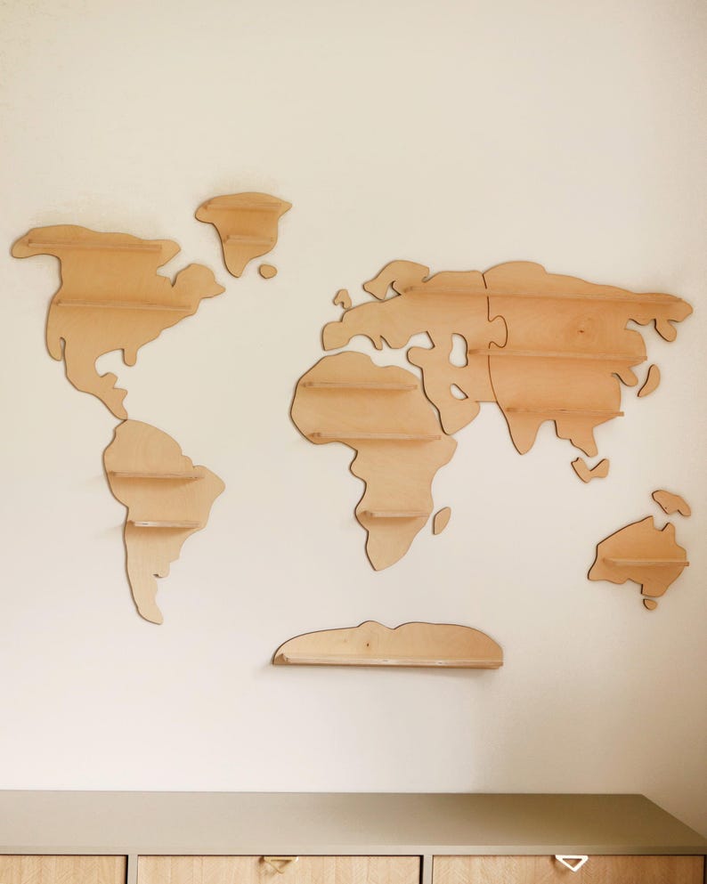 Wooden World Map with Shelves