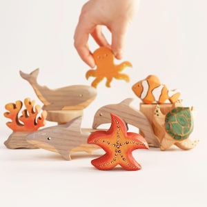 Handmade Wooden Ocean Animal Toy Set: Montessori Sea Life Playset