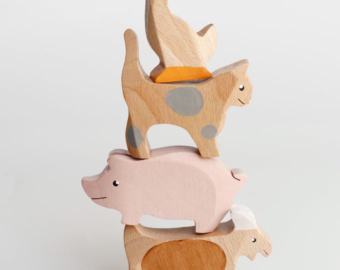 Wooden Farm Animal Figurines: Beech Toy Set, Nursery Decor