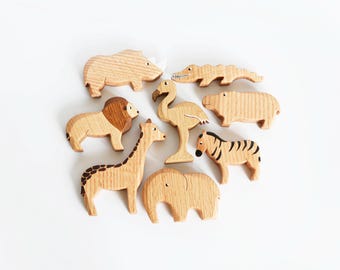 Wooden toy set African animal figurines Nursery decoration Wildlife Safari Montessori Waldorf