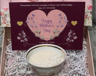 Wax Gift For Mom. Lavender Sage Scent in Vintage Teacup, Use with Candle Warmer,  Personalized Card, Mothers Day Gift Set