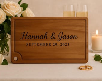 Tabla de cortar de acacia personalizada / Grabado láser personalizado / Monograma con nombre familiar / Regalo de boda / Regalo de inauguración de casa / Anillo antigoteo de 35 x 25 cm