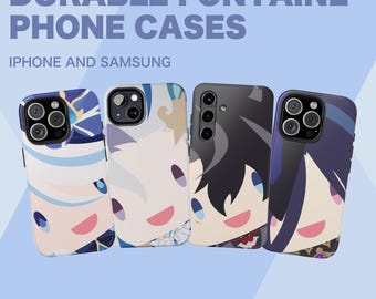 May include: Four phone cases with colorful character designs. The cases are for iPhones and Samsung phones. The text on the image reads "Durable Fontaine Phone Cases" and "iPhone and Samsung". The website address is visible at the bottom.