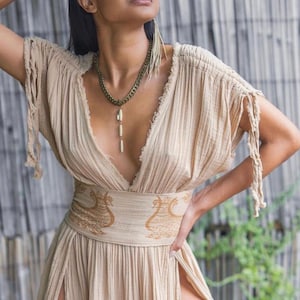 Organic Cotton Goddess Dress: Grecian Boho High Slit Summer Gown