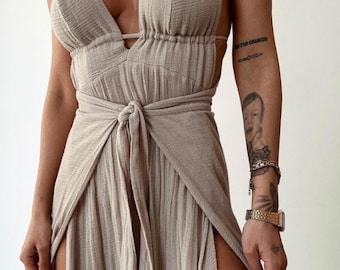 Boho Wedding Maxi Dress: Organic Cotton Backless Slit Goddess Gown