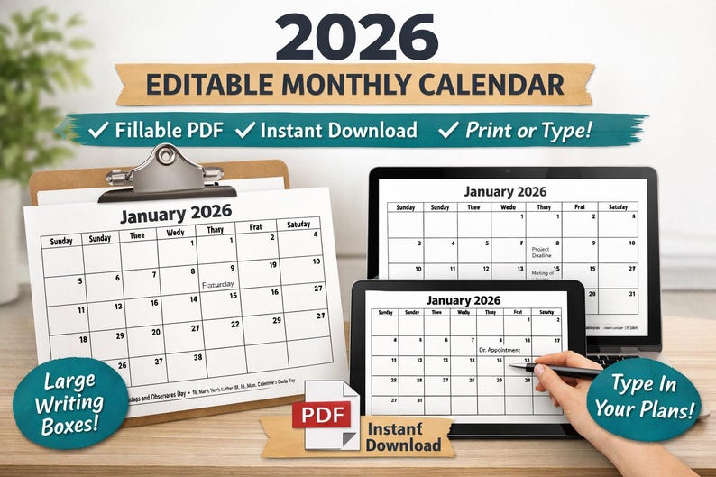 2026 Printable Fillable Calendar | Landscape Monthly Planner PDF