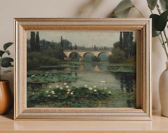 Druckbare Vintage Schwan Teich Landschaft Wandkunst, antike, französische Landschaft, digitaler Download, Natur-Dekor, See, Landschaft, Vintage