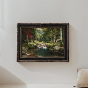 Vintage, Oil Painting, Forest Stream, Printable Wall Art, Birch Tree, Landscape, Digital Download, Nature Painting, Home Decor, Wall Art