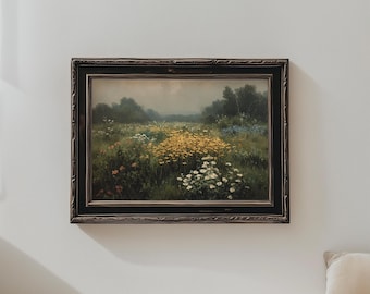 Vintage Wildflower Meadow Painting: Rustic Floral Landscape Art (Digital Download)