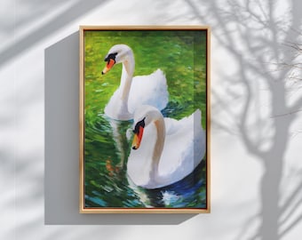Impresión artística de cisne, arte de pared imprimible vintage, pintura al óleo de cisne antiguo, arte imprimible, decoración de granja moderna, descarga digital, arte digital
