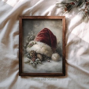 Christmas Santa Hat Wall Art – Printable Vintage Winter Painting, Rustic Holiday Digital Download, Cozy Farmhouse Christmas Decor Print
