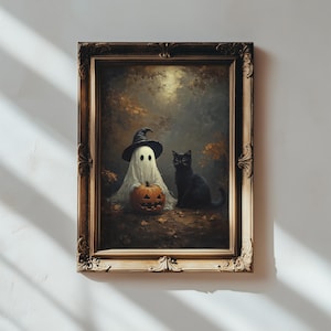Cute Ghost and Black Cat in Dark Forest Print Printable Vintage Halloween Wall Art Dark Academia Room Digital Download Halloween Wall Decor