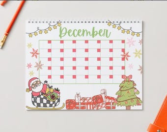 Op de afbeelding: Een witte printbare decemberkalender met een rood raster. De kalender is versierd met een cartoon-kerstman in een slee met cadeaus, een kerstboom en sneeuwvlokken. De tekst "December" staat bovenaan de kalender.