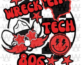 May include: A red, white, and black circular design with a cartoon cowboy wearing sunglasses and a cowboy hat. The design also includes the text "Wreck 'em Tech 806" and a black outline of the state of Texas.