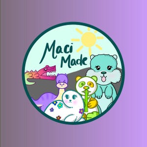 May include: A circular illustration with the text "Maci Made" and cartoon animals. The animals include a pink dinosaur, a purple dinosaur, a panda holding bamboo, a white seal with flowers, and a blue bear. A yellow sun is in the background.