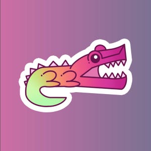 May include: A sticker of a cartoon monster with a rainbow gradient color scheme. The monster has a large mouth with sharp teeth and a single eye.