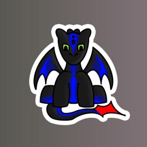 Adesivo fustellato Chibi drago nero e blu – Adesivo di creatura fantasy carina per laptop, bottiglie d'acqua e quaderni