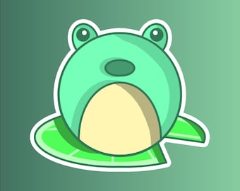 愛らしいカエルのダイカット ステッカー - 睡蓮の葉の上に座っているかわいい漫画のカエル - ノートパソコン、ウォーターボトル、ノートブック用の楽しいビニール!