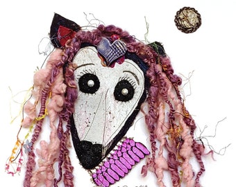 Sweet Suzy Q: original textile, fiber, signed artwork featuring sweet senior greyhound face with pink collar and hair; 3D, textured