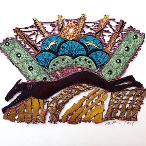 May include: A framed mixed media artwork featuring a black silhouette of a running dog against a background of layered fabric scraps in shades of green, blue, gold, and purple. The artwork is signed and dated "2019".