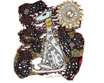 Sophisticated Mona: original textile, fiber, signed artwork; greyhound dog, melted fabric, beads