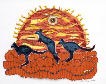 Kangaroos Can't Wear Sunglasses! Original signed fiber textile artwork, bright, textured, fun w/a subtle environmental message