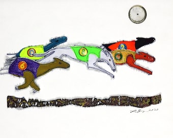 Why run when you can fly? original, fiber, textile, signed artwork racing greyhound dogs flying together; 3D textured