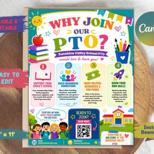 May include: A colorful flyer titled Why Join Our PTO? for Sunshine Valley School PTO. It features four numbered sections with icons, a QR code for joining, and illustrations of school supplies, a school building, and diverse children.