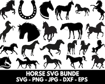 Horse Silhouette SVG Bundle: Horse Head, Horseshoe, Heart (Digital Files)
