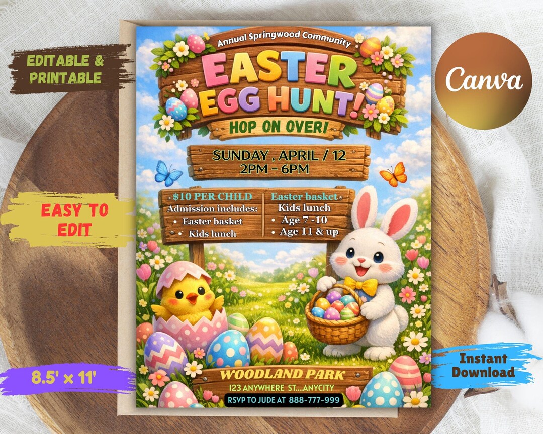 Editable Easter Egg Hunt Flyer Template, Printable Canva Invitation (8. ...