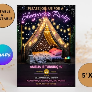 May include: A printable invitation for a sleepover party with a tent and stars on a dark blue background. The text reads "Please join us for a Sleepover Party" in pink neon letters. The invitation is for Amelia's 10th birthday party. The text also includes the date, time, and address of the party. The invitation is 5 inches by 7 inches.