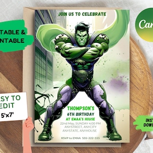 Convite editável do Hulk, convite de aniversário de super-heróis, convite de aniversário do Hulk, modelo Canva