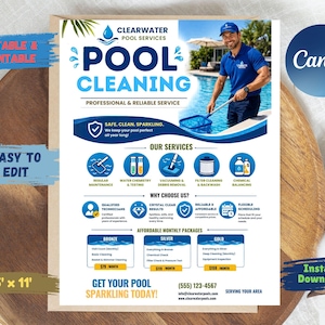 Könnte beinhalten: Werbeflyer für Clearwater Pool Services, mit einem Mann in blauem Hemd, der einen Pool reinigt. Der Flyer enthält Text über Poolreinigungsdienste, erschwingliche monatliche Pakete und Kontaktinformationen. Der Flyer ist 21,59 cm x 27,94 cm groß.