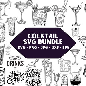 Op de afbeelding: Een zwart-witte illustratie van een verscheidenheid aan cocktails, waaronder margaritas, martinis en old fashioneds. De tekst "Cocktail SVG Bundle" staat in een groot lettertype bovenaan de afbeelding. De tekst "SVG - PNG - JPG - DXF - EPS" staat in een kleiner lettertype onder de titel. De tekst "Please join us for drinks" staat in een cirkel onderaan de afbeelding. De tekst "Menu Cocktail" staat in een cursief schrift onderaan de afbeelding. De tekst "It's beer o'clock" staat in een cursief schrift onderaan de afbeelding.