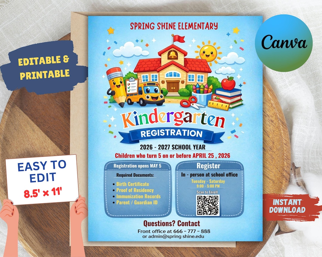 Kindergarten Registration Flyer Template | Editable School Enrollment ...