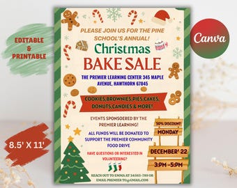 Peut inclure: Affiche de vente de pâtisseries de Noël avec un design vert et rouge. L'affiche comprend des illustrations de bonhommes en pain d'épices, de cannes en sucre et d'un sapin de Noël. Le texte annonce l'événement et les détails.