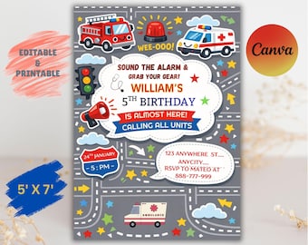 Emergency Vehicles Birthday Invitation, Fire Truck, Police, Ambulance (Digital Download)