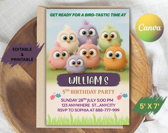 May include: A colorful birthday party invitation featuring cartoon birds. The invitation includes the text "Get ready for a bird-tastic time at" and "William's 5th Birthday Party". The invitation is 5 x 7 inches.