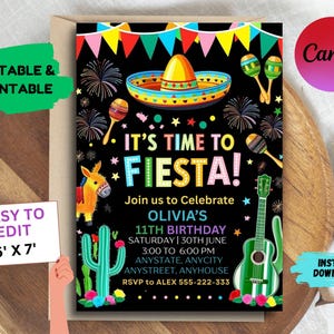 Fiesta Birthday Invitation, Mexican Theme Invitation, Fiesta Invitation, Mexican Papel Birthday Invite, Canva Editable Invitation Template
