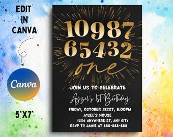 May include: Black and gold first birthday party invitation with a gold glitter background and the numbers 10987 65432 and the word "one" in gold. The text "Join us to celebrate Ayzel's 1st Birthday" is in white. The date and time are "Friday, October 31st, 8:00pm". The location is "Ayzel's House, 1234 Anywhere St, Any City". The RSVP information is "RSVP to Jamie at 888-888-888".
