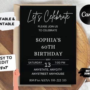 Let&#39;s Celebrate Invitation Template Editable Surprise Birthday Party & Anniversary Invites Black Digital Download Customizable Party Invite