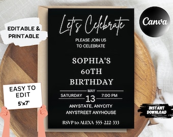 Surprise Birthday Party Invitation Template: Black Anniversary Invites (Digital Download)