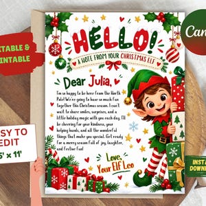 May include: A Christmas letter template featuring the text HELLO! A NOTE FROM YOUR CHRISTMAS ELF, Dear Julia, and Love, Your Elf Leo. An illustration of an elf with a green hat and red collar stands next to stacked gift boxes.