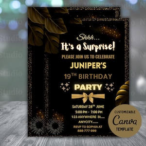 Digital Birthday Invitation Template, Electronic Birthday Invite Black Gold Neon Digital Download, Text Message Invite Editable Text ANY AGE