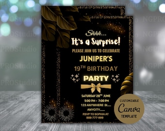 Black and Gold Neon Birthday Invitation Template: Editable Text (Digital Download, 5x7 Inches)