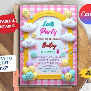 Editable Smiley Face Birthday invite, Groovy Retro Birthday, Checkered Emoji Invite, Tween Birthday, Teen Girl Invite, Any Age Girl Birthday