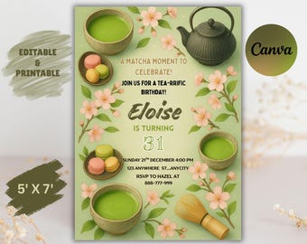 Matcha Latte Birthday Invitation – Editable Canva Template, Printable Green Tea Party Invite, Digital Download