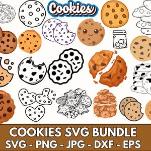 May include: A set of 20 cookie SVG cut files in black and white and colour. The files include various cookie shapes, including round, heart, and star shapes. The text "Cookies" is written in a whimsical font at the top of the image.