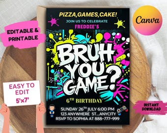 Bruh You In? Neon Gamer Birthday Invitation: Editable Canva Template